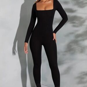 Jumpsuit One Piece Womens Square Neck Long Sleeve Solid Black Sleek Chic Sexy